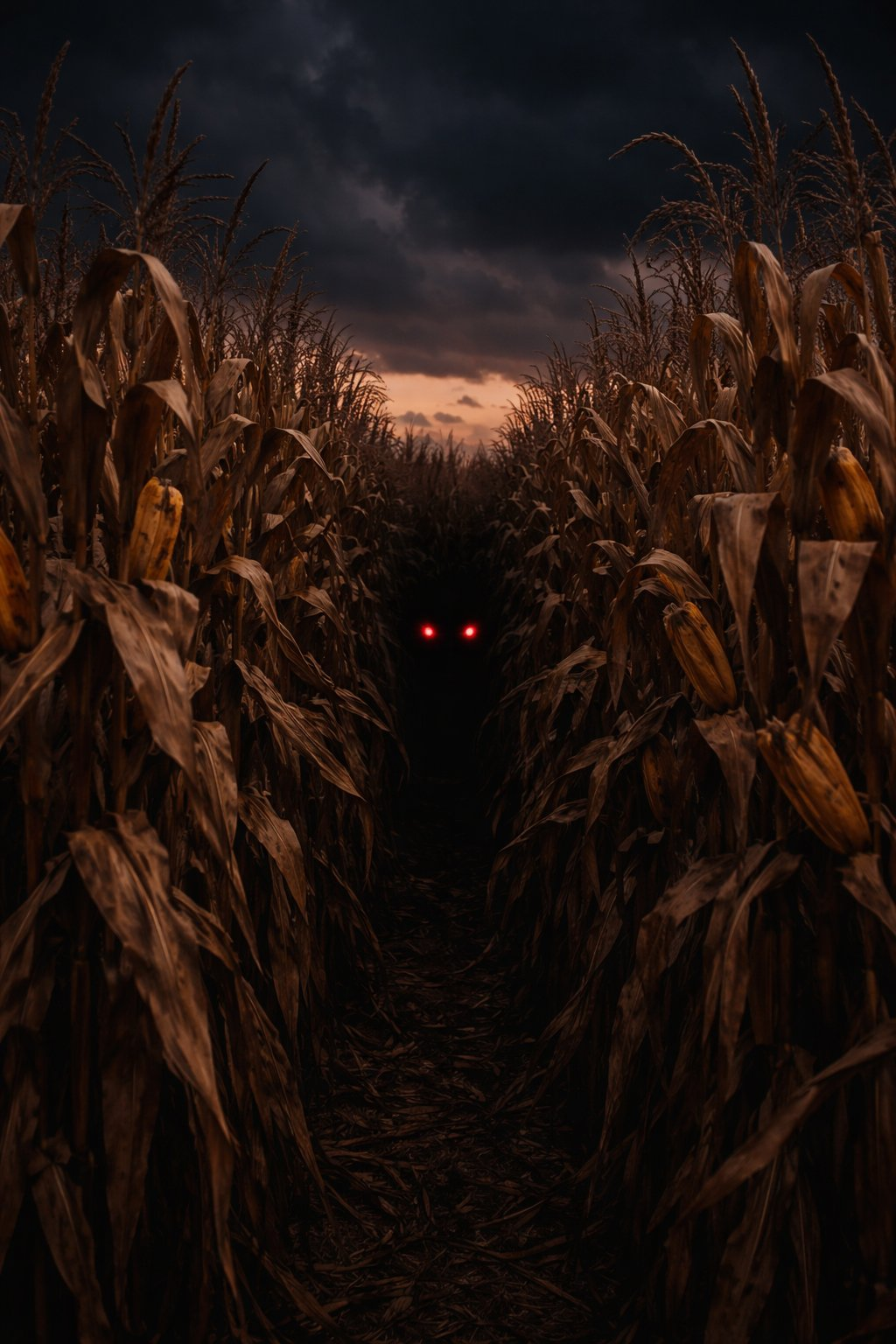 Red glowing eyes deep in dark corn rows at dusk — Homecoming
