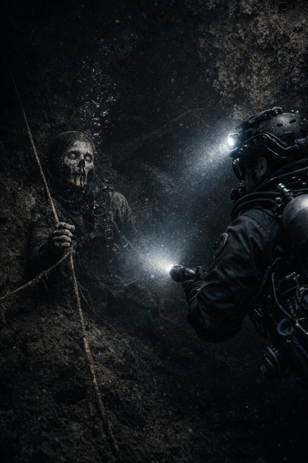 A diver underwater faces a skeletal figure in a dark flooded cave