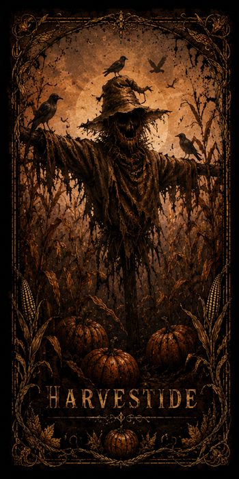 A scarecrow watches over a moonlit cornfield with crows and pumpkins