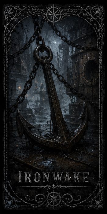 A rusted anchor hangs from chains over a dark industrial waterfront