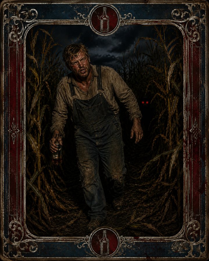 Jonathan Smith stumbling through the dark cornfield, red eyes watching from the rows behind him