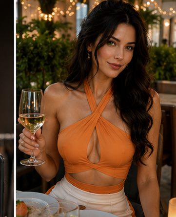 Mina Williams in an orange halter top at a rooftop dinner