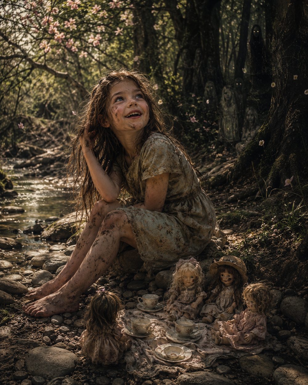 Sarah Miller as a child, playing alone near the edge of Washboard Creek