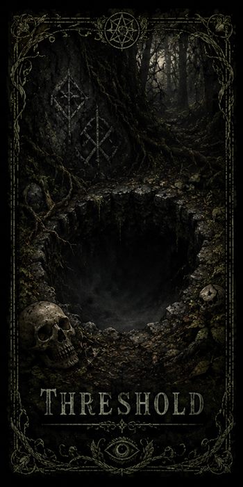 A dark hollow opening in the forest floor surrounded by roots and a skull