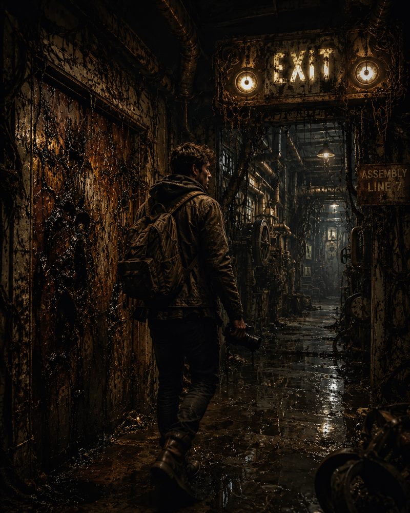 Tyler Jones walking into the abandoned Shaw's Toys factory